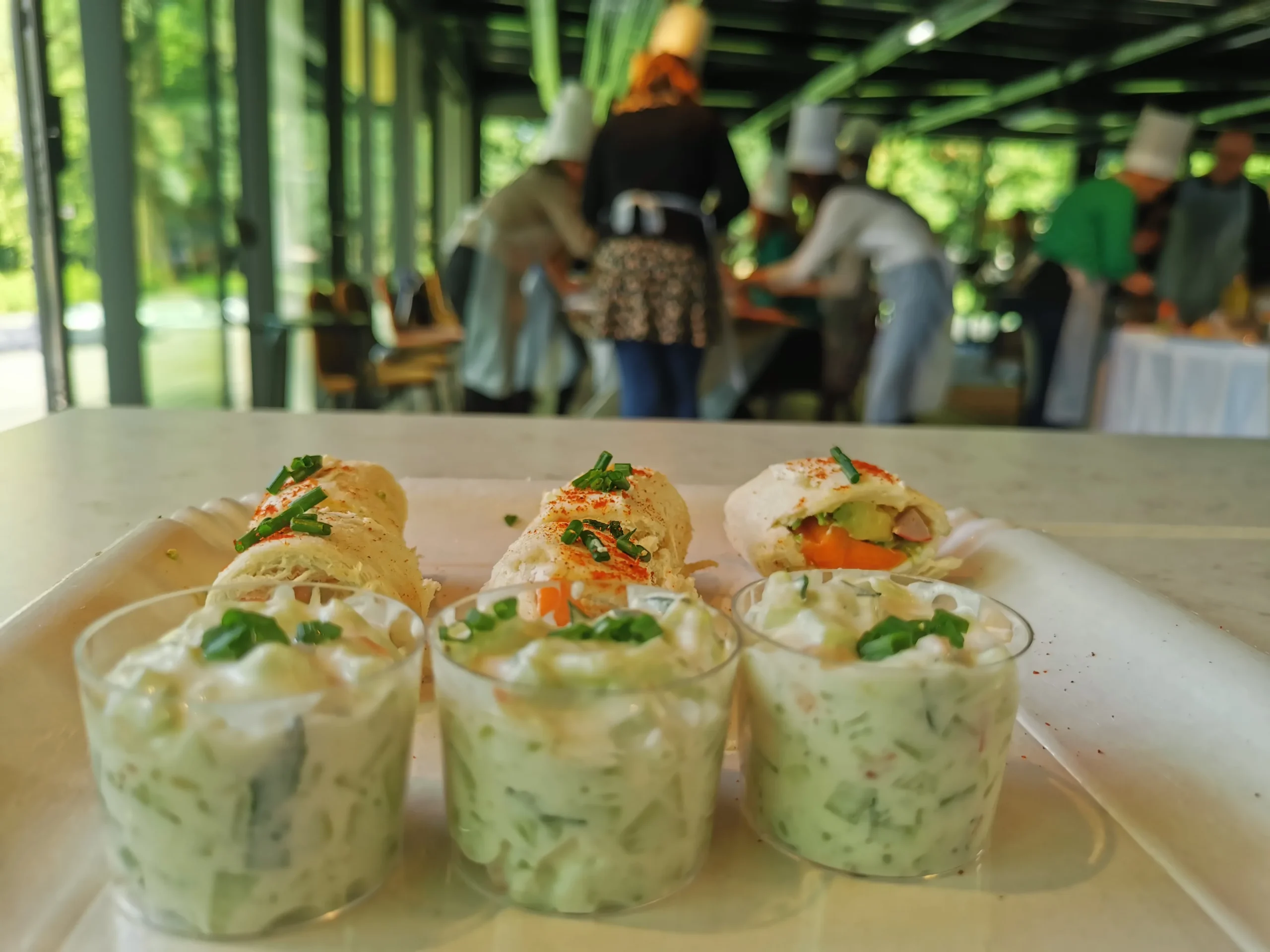 Final tasting molecular gastronomy Laval Centropolis terrace teams outdoors · INNOV'events